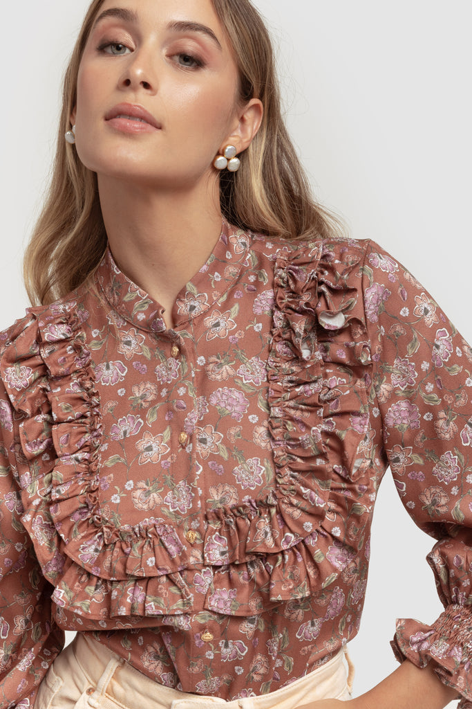 Casual blouse LIDIA brown flower for any occasion