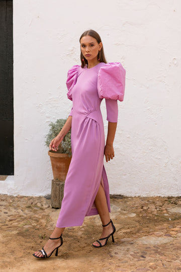 Midi dress with puffed sleeves for events